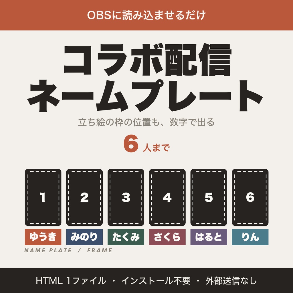 コラボ配信ネームプレート＆立ち絵配置ガイド｜最大6人・配置4種・色とフォントを切り替え【無料版あり】