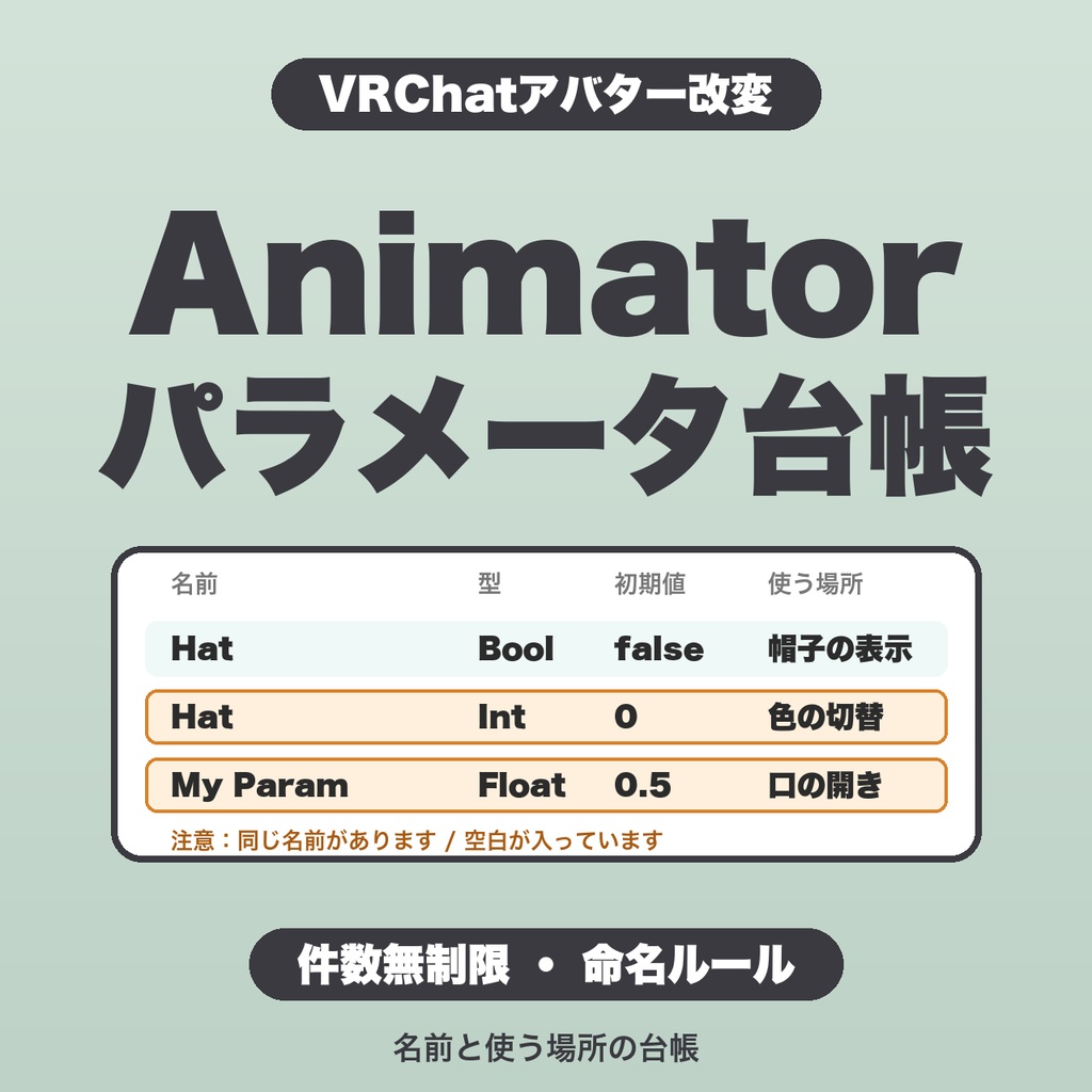 VRChat Animatorパラメータ台帳｜アバター別に保存・命名ルール・標準名との重なり警告・JSON書き出し【無料版あり】