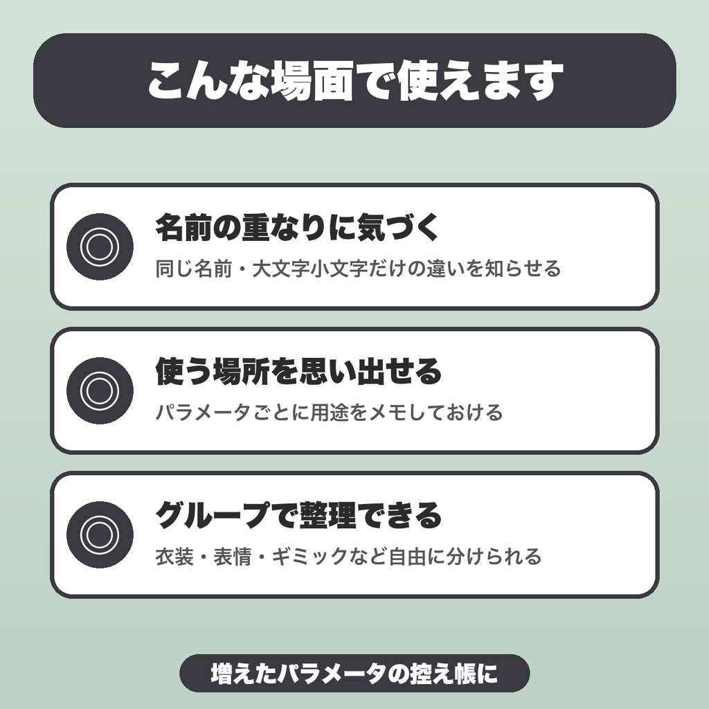 VRChat Animatorパラメータ台帳|アバター別に保存・命名ルール・標準名との重なり警告・JSON書き出し【無料版あり】