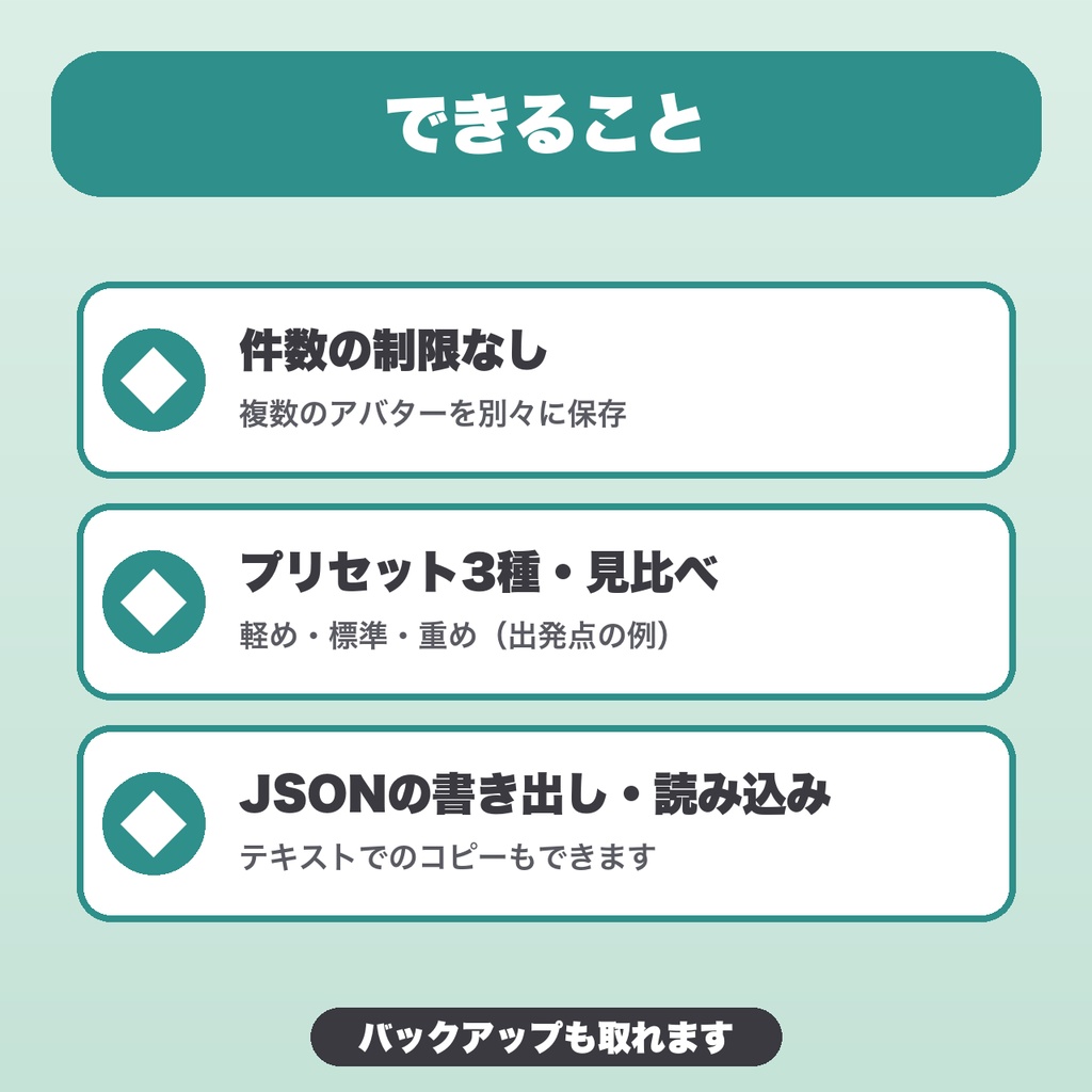 VRChat揺れもの設定メモ|件数無制限・プリセット3種・見比べ・複数アバター保存【無料版あり】