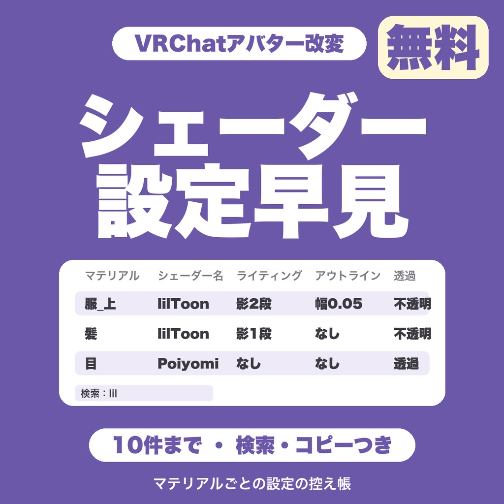 【無料】VRChatシェーダー設定早見|マテリアルごとの設定を10件まで控えて、検索できる