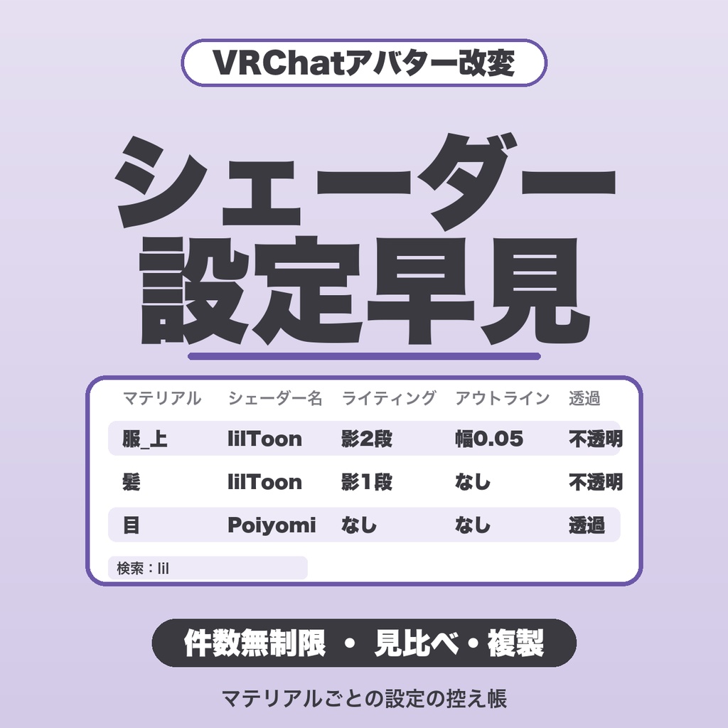 VRChatシェーダー設定早見|件数無制限・見比べ・複製・シェーダー別の件数・複数アバター保存【無料版あり】
