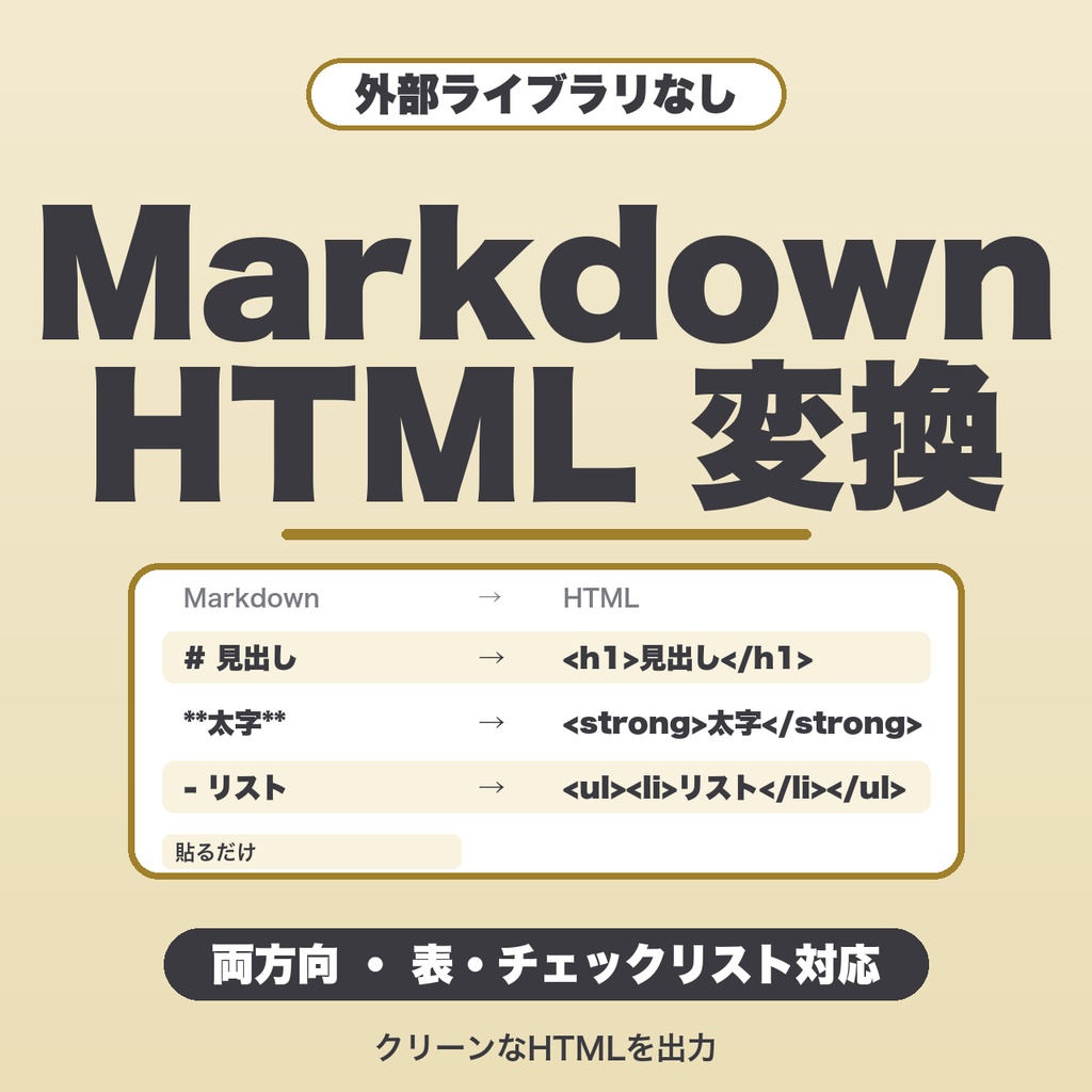 Markdown↔HTML 相互変換｜HTML→Markdownの逆変換・表・チェックリスト・文字数の制限なし・ファイル保存【無料版あり】