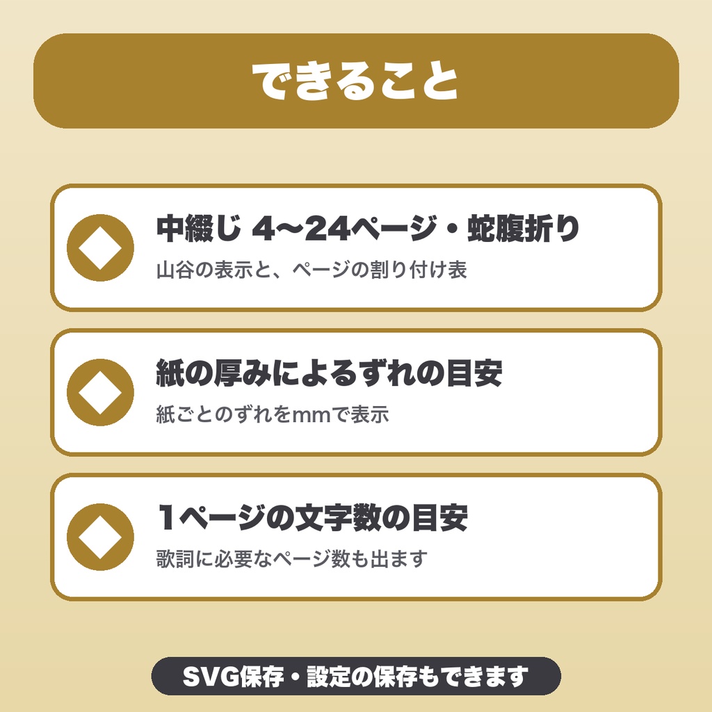 歌詞カード折りピッチ計算|中綴じ4〜24ページ・蛇腹折り・紙の厚みのずれの目安・文字数の目安【無料版あり】