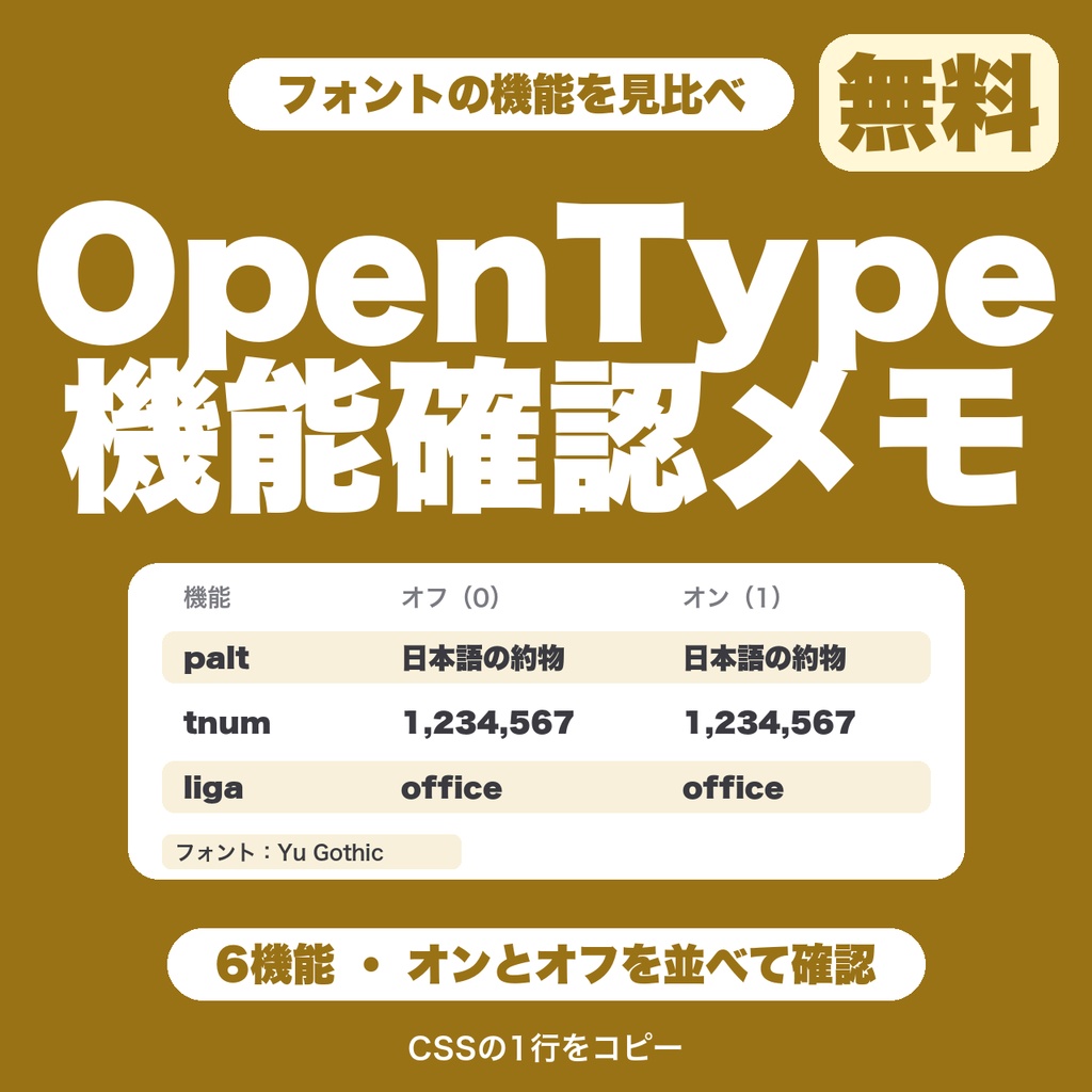 【無料】OpenTypeフィーチャー確認メモ|フォントの機能をオンとオフで並べて見比べ、CSSの1行をコピー(6機能)