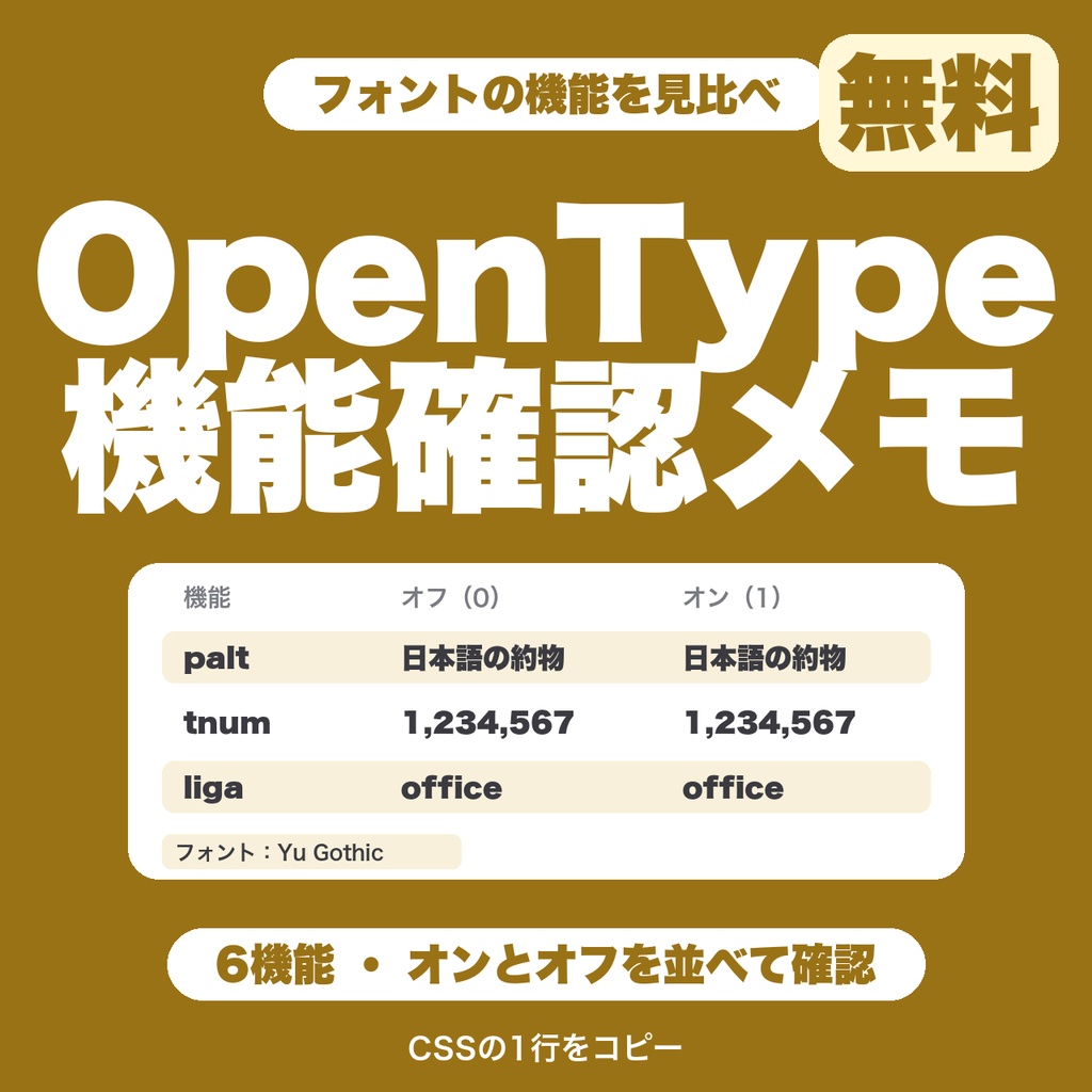 【無料】OpenTypeフィーチャー確認メモ｜フォントの機能をオンとオフで並べて見比べ、CSSの1行をコピー（6機能）