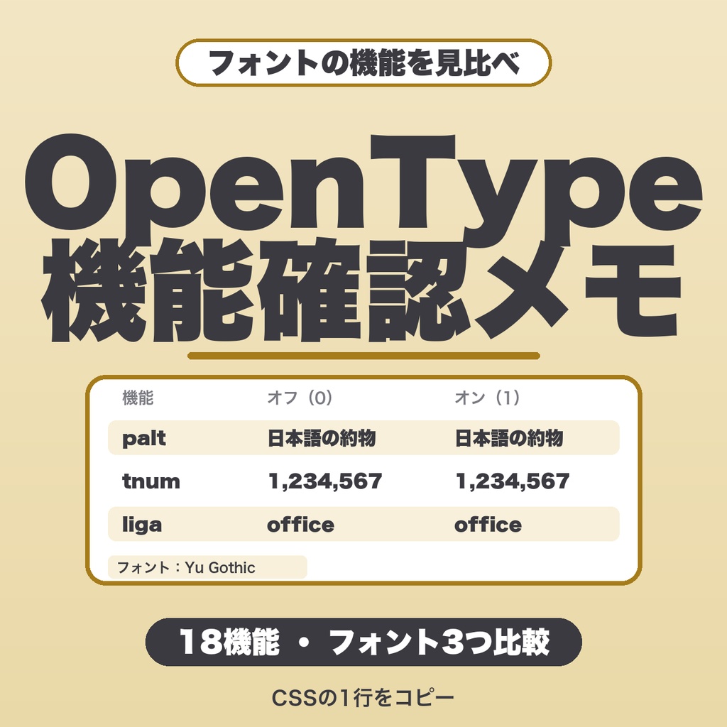 OpenTypeフィーチャー確認メモ｜18機能・フォント3つを同時に見比べ・縦書き表示・設定の保存【無料版あり】