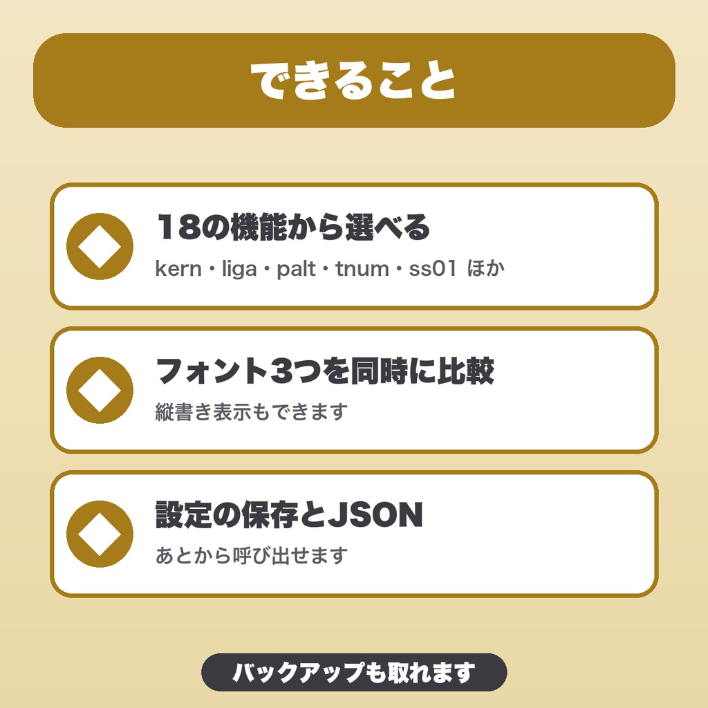 OpenTypeフィーチャー確認メモ|18機能・フォント3つを同時に見比べ・縦書き表示・設定の保存【無料版あり】