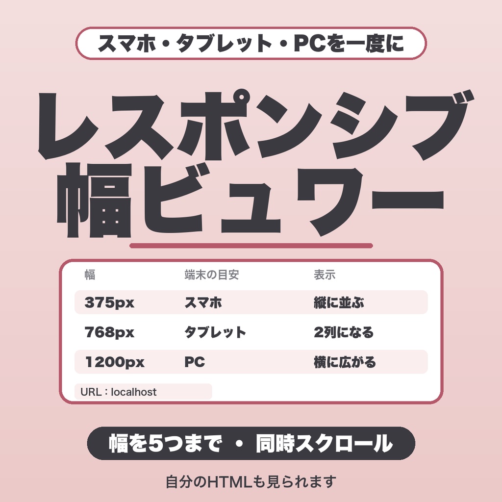 レスポンシブ幅ビュワー｜幅を最大5つ選べる・同時スクロール・HTMLを貼って表示・縦に積む表示【無料版あり】