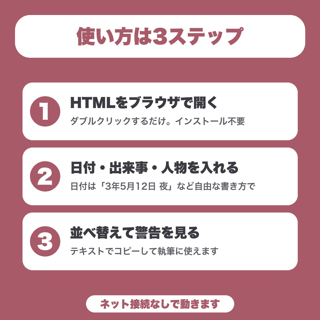 【無料】小説年表メーカー|出来事を日付で並べて、同じ人物が同時刻に別の場所にいないか確かめる(15件まで)