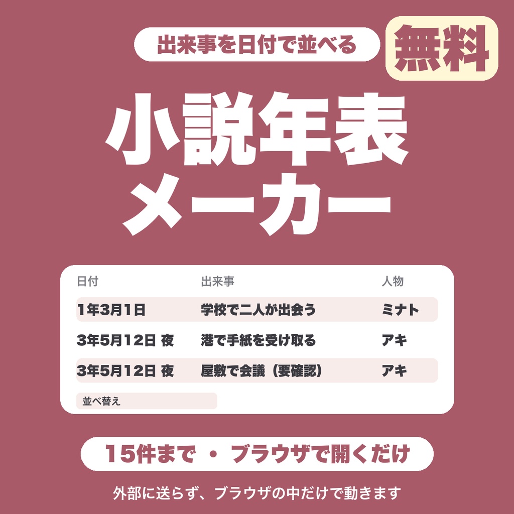 【無料】小説年表メーカー｜出来事を日付で並べて、同じ人物が同時刻に別の場所にいないか確かめる（15件まで）
