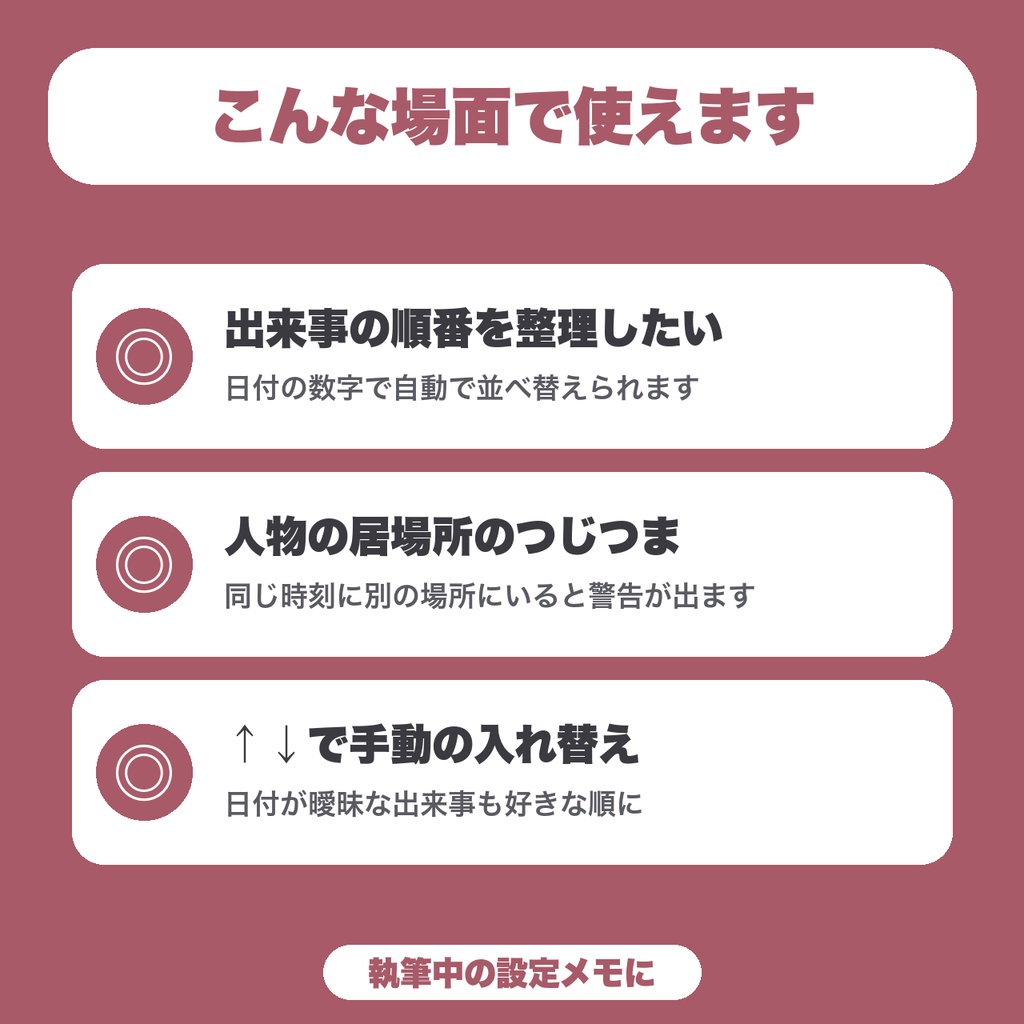 【無料】小説年表メーカー|出来事を日付で並べて、同じ人物が同時刻に別の場所にいないか確かめる(15件まで)