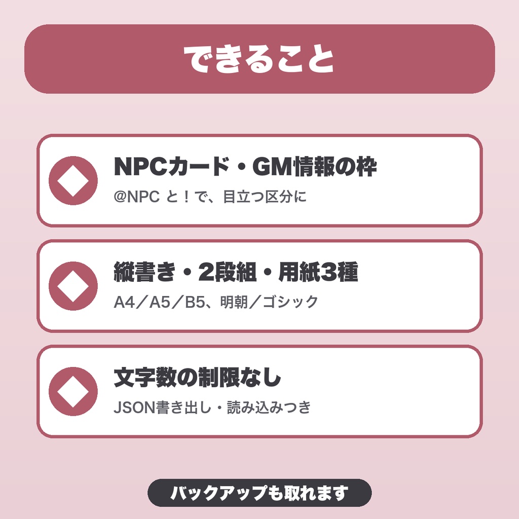 TRPGシナリオ組版|NPCカード・GM情報の枠・縦書き・2段組・A5/B5対応で印刷【無料版あり】