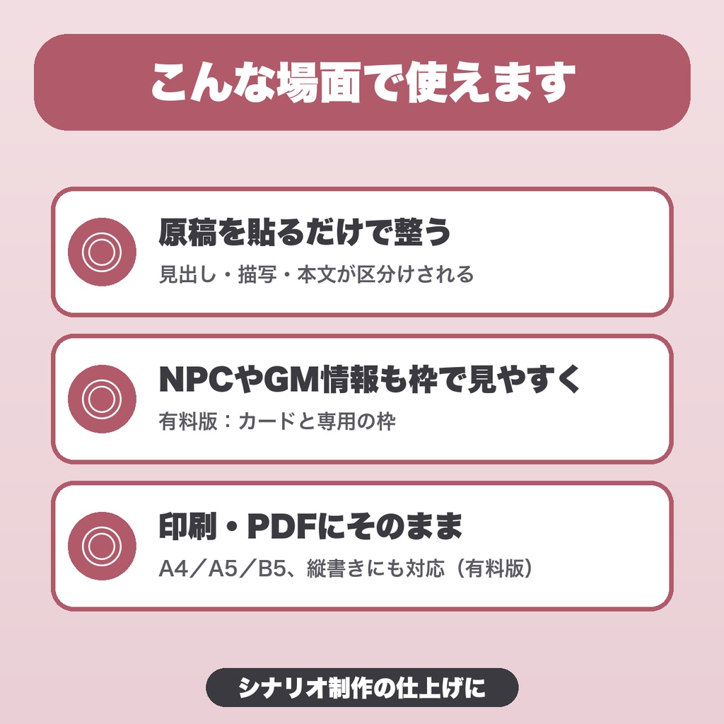 TRPGシナリオ組版|NPCカード・GM情報の枠・縦書き・2段組・A5/B5対応で印刷【無料版あり】