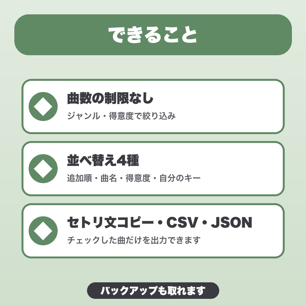歌枠キー・レパートリー管理|曲数無制限・ジャンル絞り込み・セトリ文コピー・CSV保存【無料版あり】