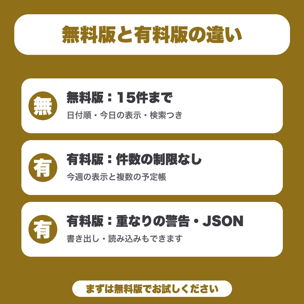【無料】VRChatイベント予定表(参加者向け)|行きたいイベントの日時と持ち物をまとめる(15件まで)