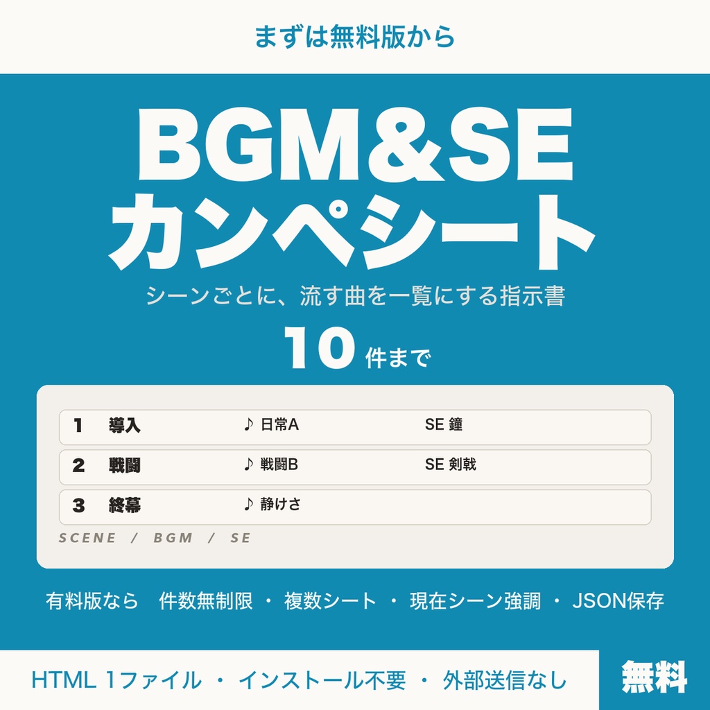 【無料】TRPG BGM＆SE カンペシート｜KP・GM用、シーンごとの曲と効果音を一覧にする進行表（10件まで）