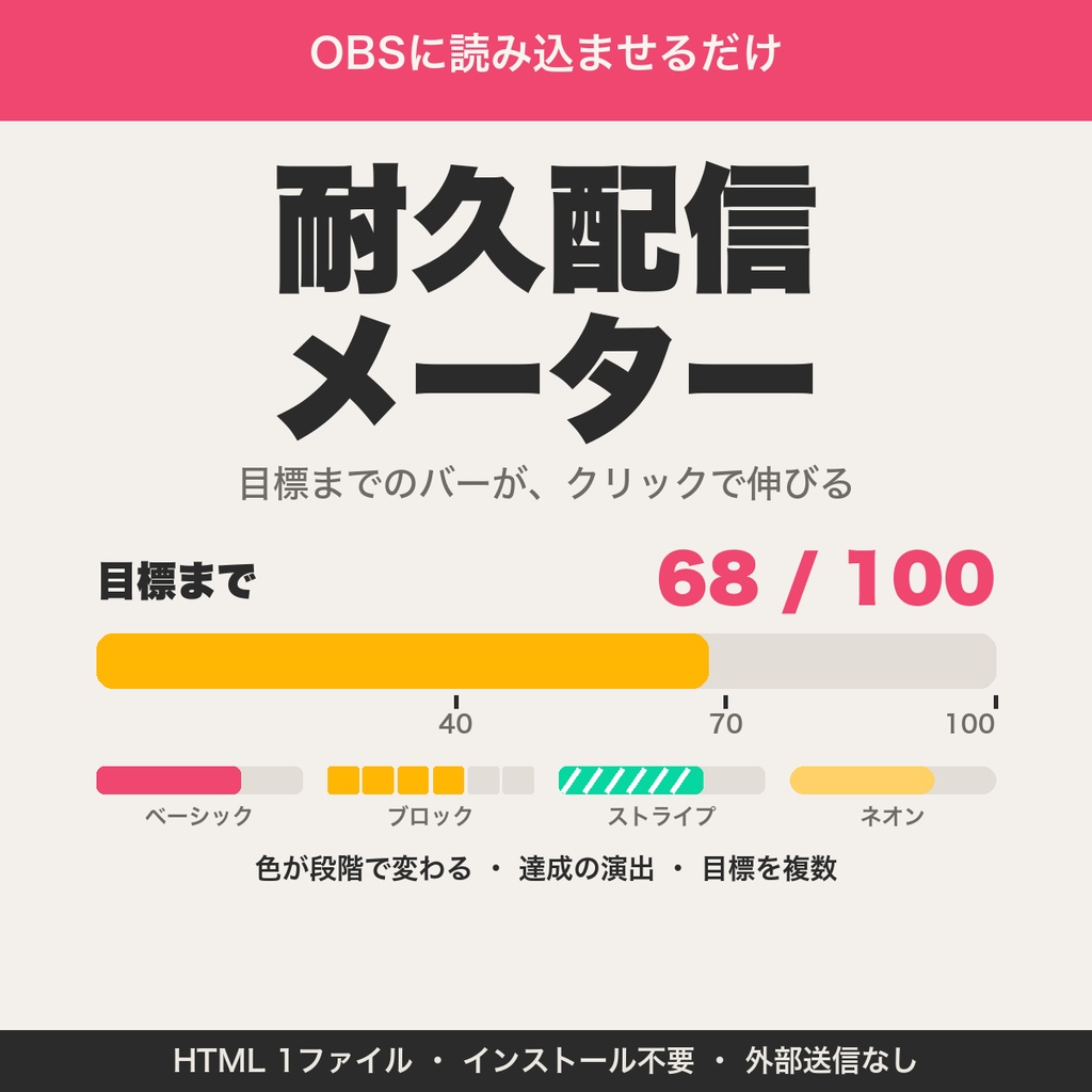 耐久配信メーター|目標ゲージ・進捗バー4種をOBSに表示・色が変わる・達成演出つき【無料版あり】