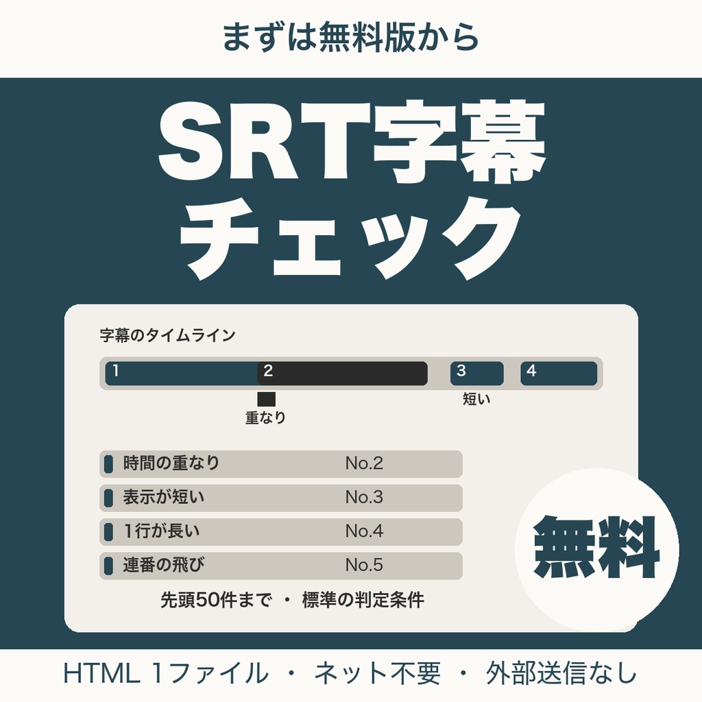 【無料】SRT字幕の重なり・表示時間チェッカー|動画編集・字幕制作向け・50件まで