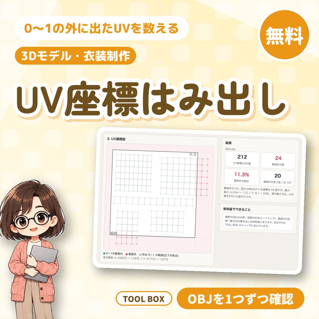 【無料】UV座標はみ出しチェッカー｜OBJのUVが0〜1の外に出た数と場所を展開図で確認・3Dモデル衣装制作向け