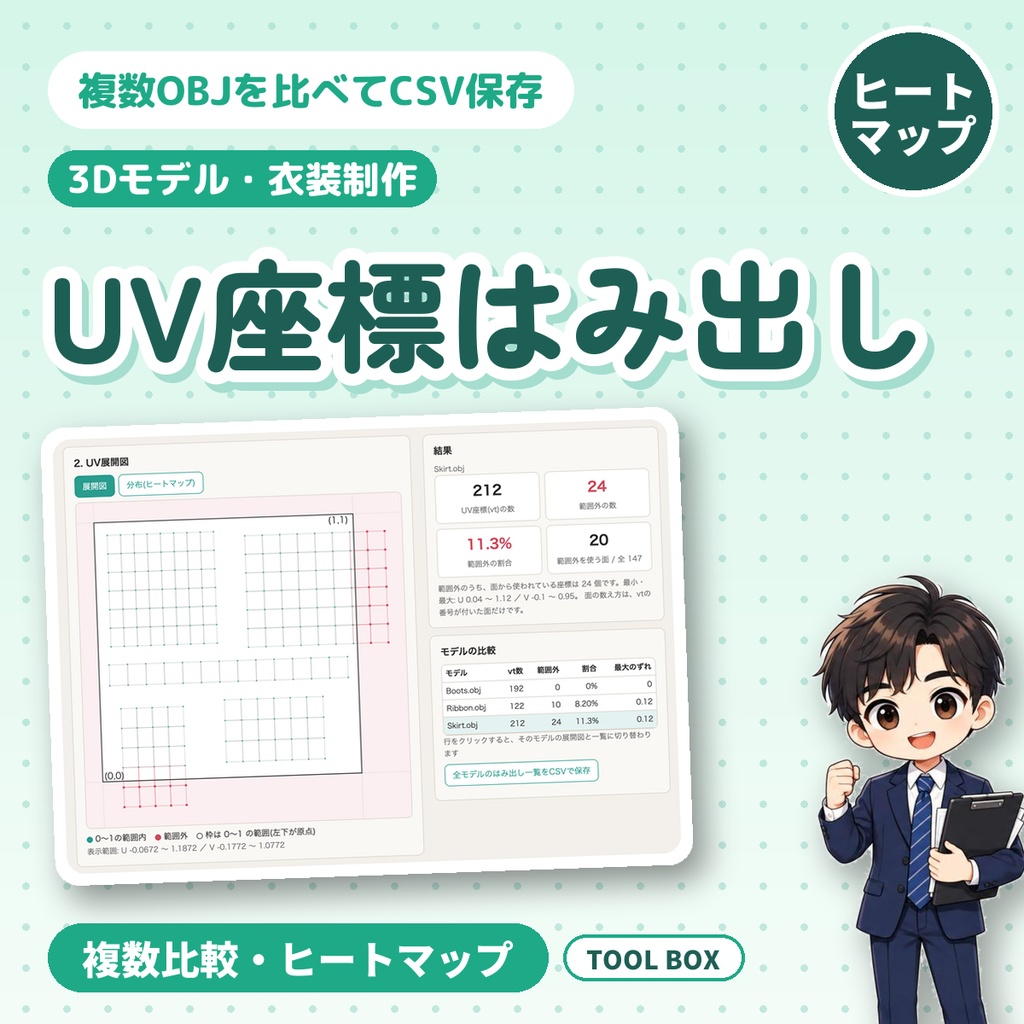 UV座標はみ出しチェッカー|OBJのUVが0〜1の外に出た数と場所を確認・複数モデル比較・CSV書き出し【無料版あり】