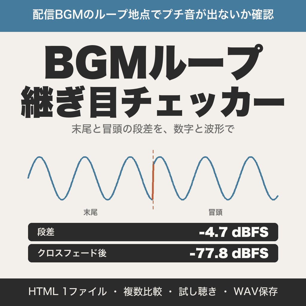 BGMループ継ぎ目チェッカー|プチ音の確認とクロスフェードの試し聴き、WAV保存、BGM制作・配信向け【無料版あり】