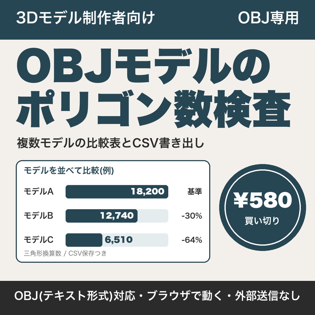 OBJ検査ツール|ポリゴン数・三角形数を複数モデルで比較・CSV書き出し|3Dモデル制作者向け【無料版あり】
