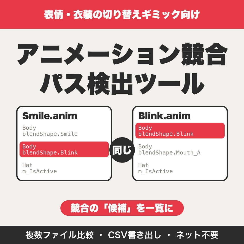 アニメーション競合パス検出ツール｜Unityの.animを複数比較・表情と衣装切替の重なりをCSV出力【無料版あり】