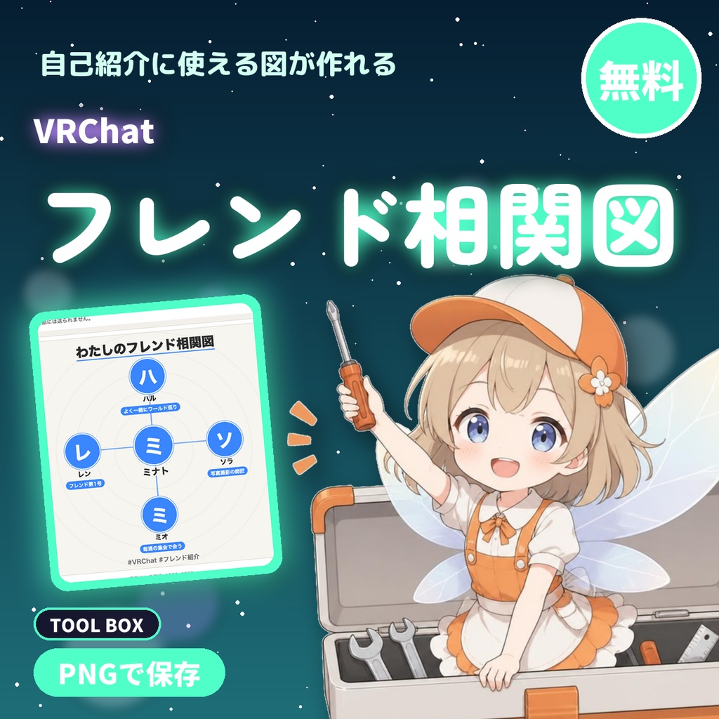 【無料】VRChatフレンド相関図ジェネレータ｜自分を中心にフレンドを円形に並べて関係の一言つきの自己紹介の図をPNG保存（6人まで）