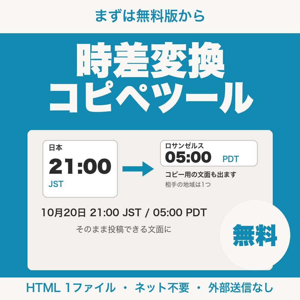 【無料】海外フレンドとの約束時間 時差変換＆コピペツール｜日本時間を現地時間に並べて文面に