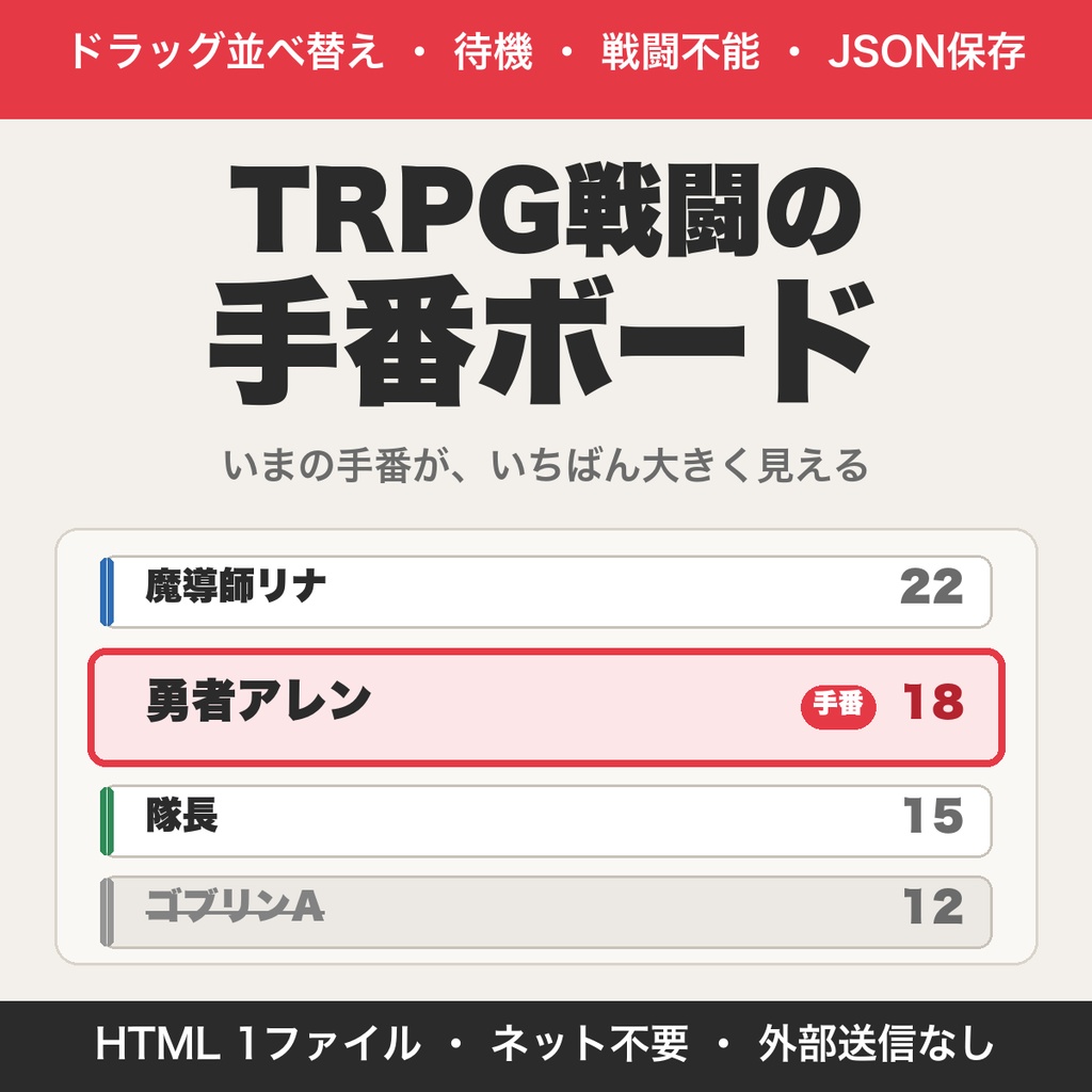 TRPG戦闘の手番ボード|行動順カードをドラッグで並べ替え・待機や戦闘不能も管理【無料版あり】