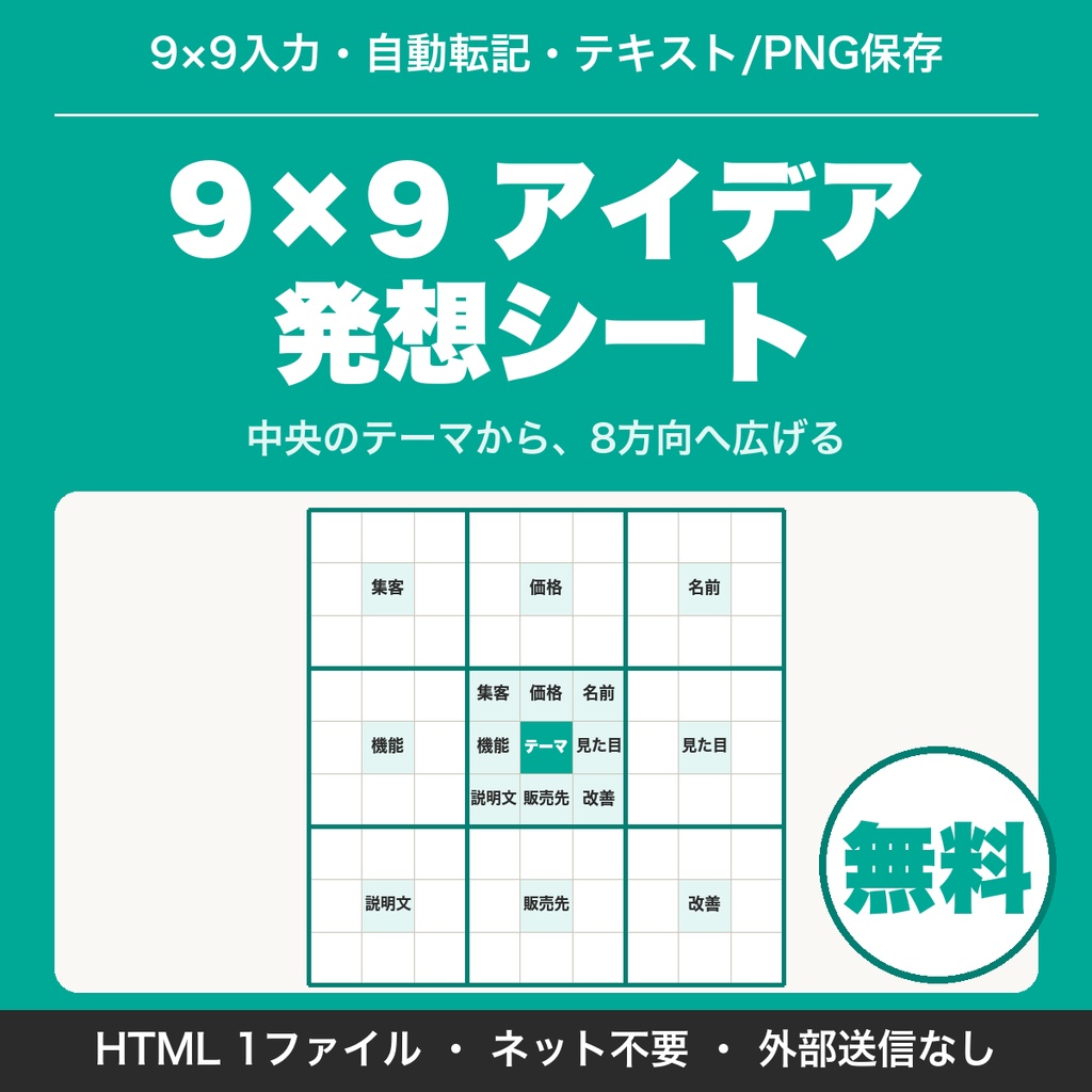 【無料】9×9 アイデア発想シート｜中央のテーマから8マスへ自動転記・テキストとPNGで保存