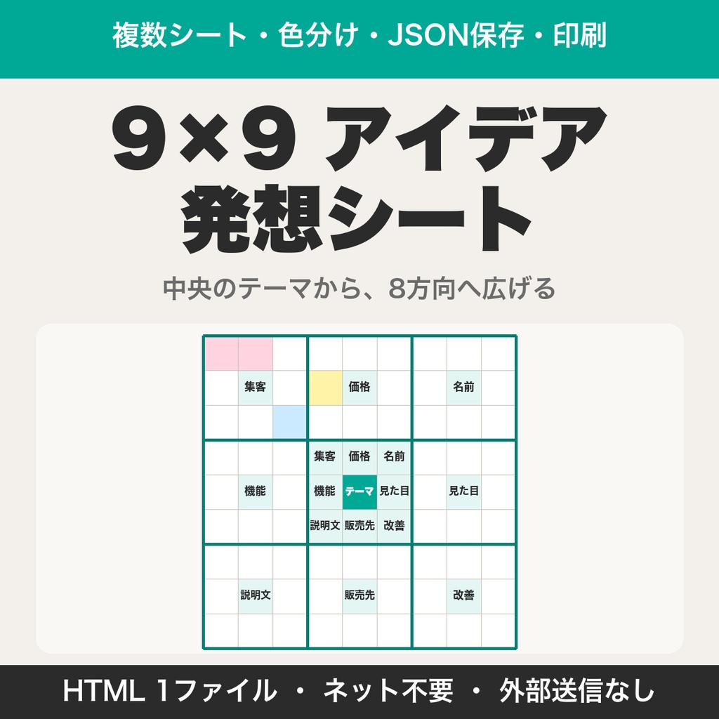 9×9 アイデア発想シート｜中央のテーマから広げて整理・複数シート・色分け・JSON保存・印刷【無料版あり】