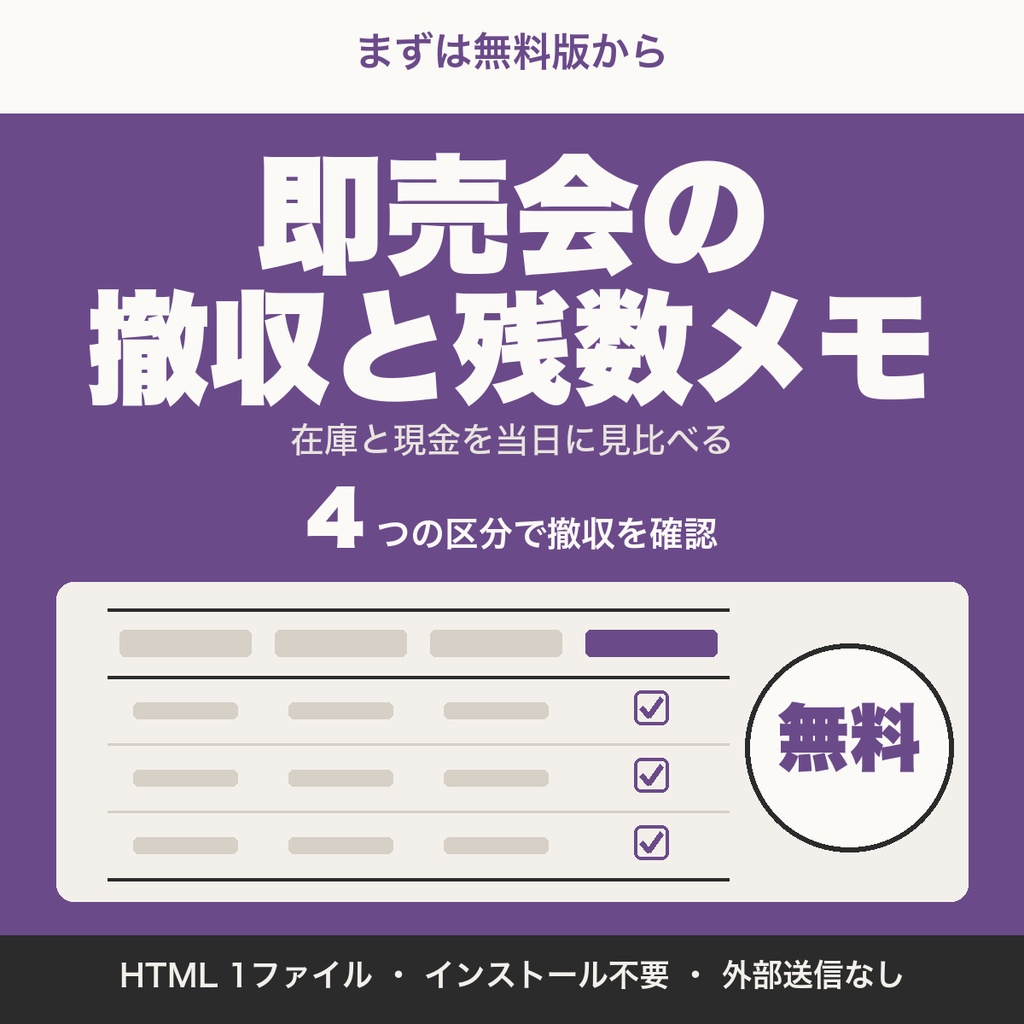 【無料】即売会の撤収チェックと残数メモ｜残りの冊数を数えて記録（5品まで）