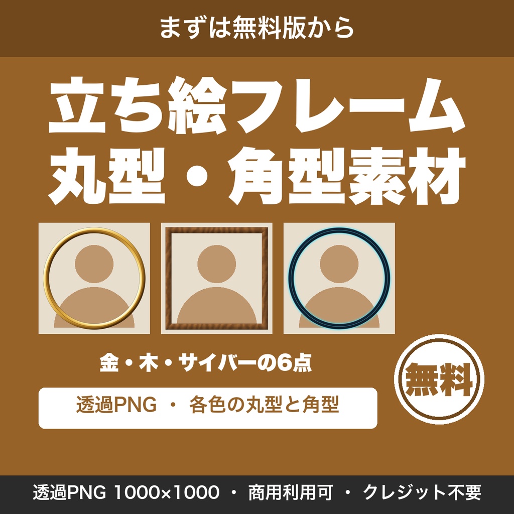 【無料】TRPG立ち絵用フレーム素材6点｜丸型・角型の透過PNG 金・木・サイバー