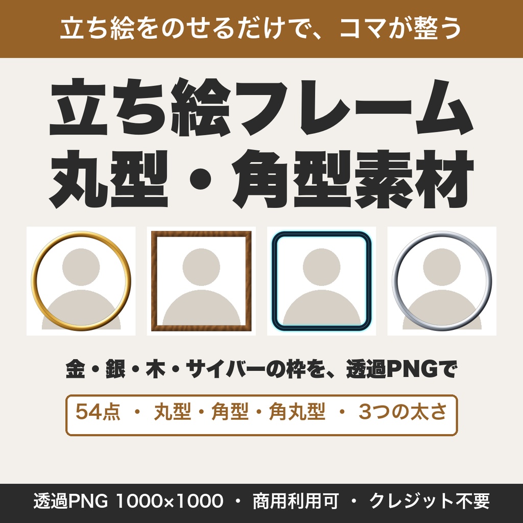 TRPG立ち絵用フレーム素材54点｜丸型・角型・角丸型の透過PNG 金・銀・木・サイバー【無料版あり】