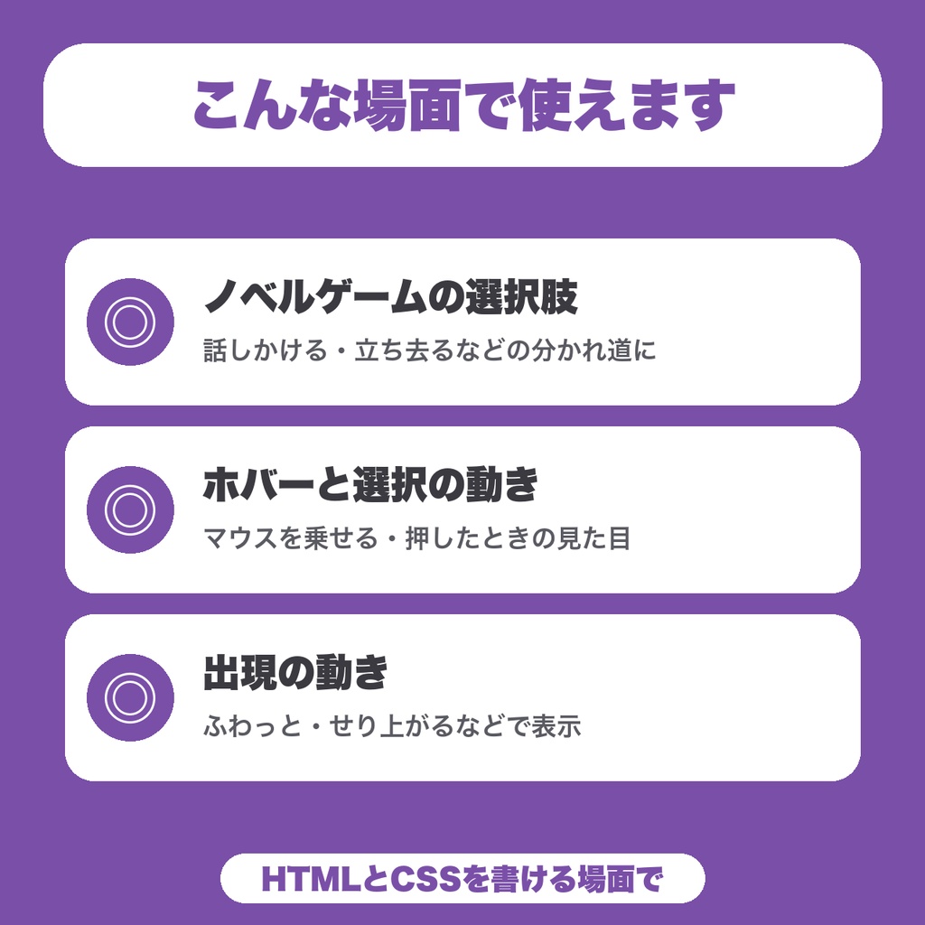 【無料】選択肢ボタンCSSアニメ集|ノベルゲーム向け・ホバーと出現の動きつき5種をコピー