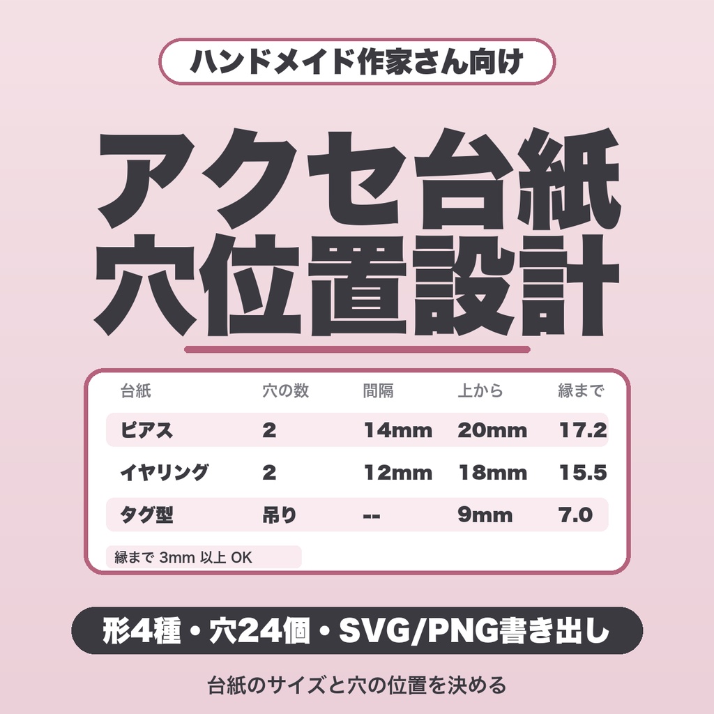 アクセサリー台紙のサイズ&穴位置 設計ガイド｜形4種・穴24個・ミシン目・SVG/PNG書き出し・A4実寸印刷【無料版あり】
