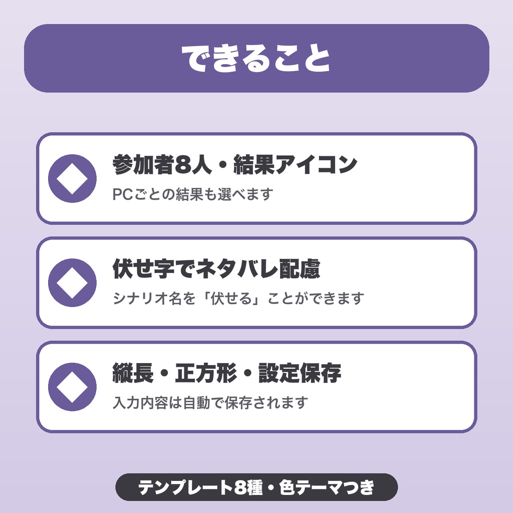 TRPG 卓の通過報告画像メーカー|テンプレ8種・参加者8人・結果アイコン・シナリオ名の伏せ字・縦長/正方形【無料版あり】