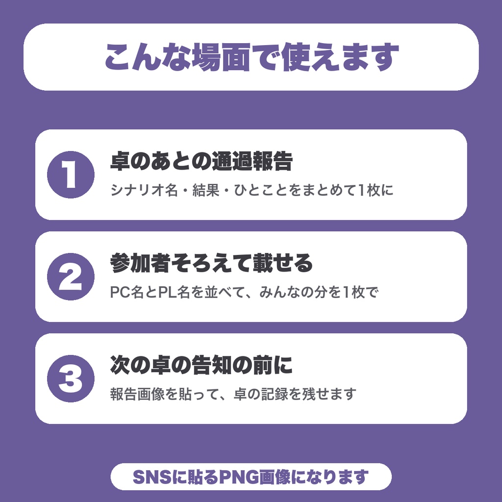 【無料】TRPG 卓の通過報告画像メーカー|参加者のPC名/PL名と結果を入れてPNG保存|テンプレ2種