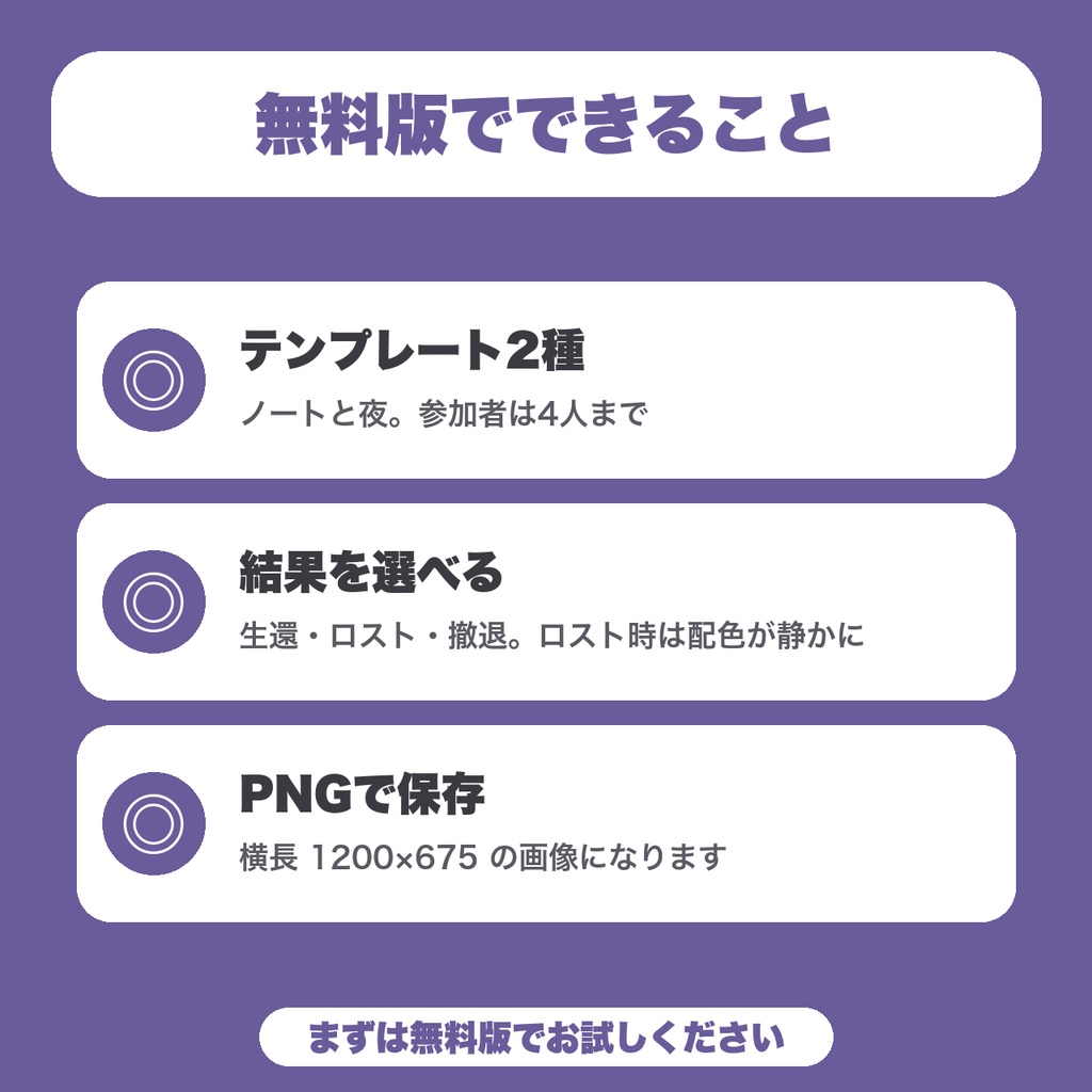 【無料】TRPG 卓の通過報告画像メーカー|参加者のPC名/PL名と結果を入れてPNG保存|テンプレ2種