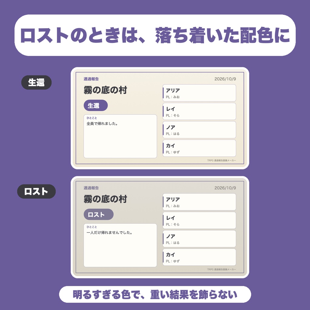 【無料】TRPG 卓の通過報告画像メーカー|参加者のPC名/PL名と結果を入れてPNG保存|テンプレ2種