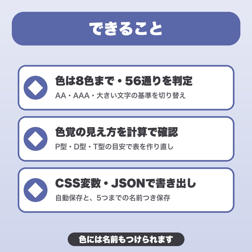 コントラスト判定ボード|8色・全組み合わせを一覧で判定・AA/AAA・色覚シミュレーション・保存【無料版あり】