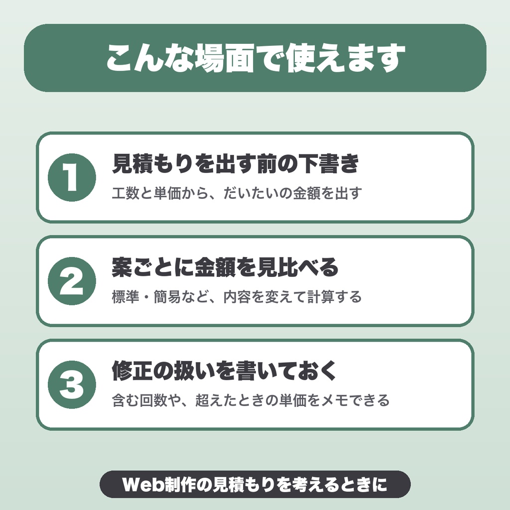 Web制作 工数×単価 見積もり計算シート|テンプレ5種・予備率・修正回数メモ・案の保存・PDF保存【無料版あり】