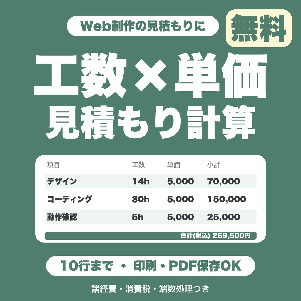 【無料】Web制作 工数×単価 見積もり計算シート|小計・諸経費・消費税・端数処理つき|印刷・PDF保存(10行まで)
