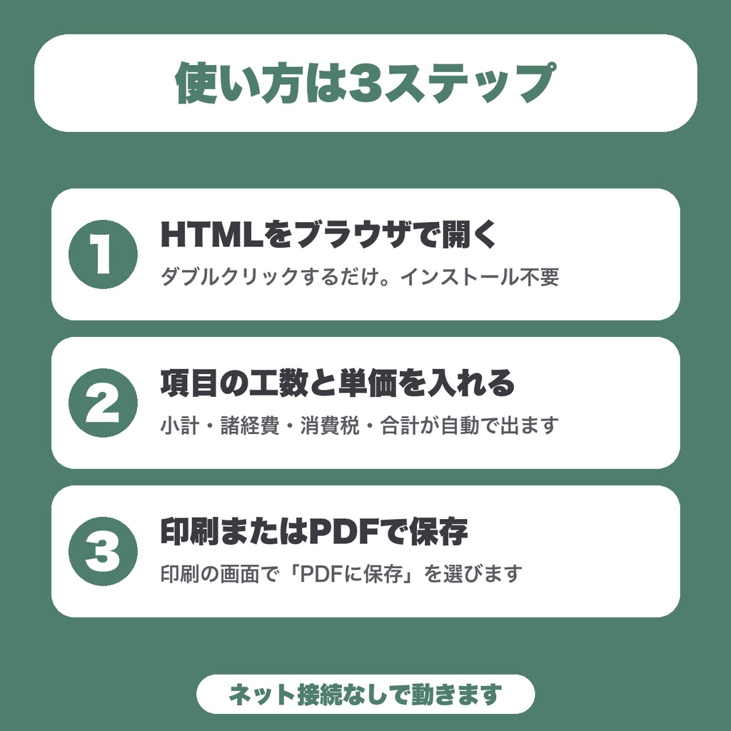 【無料】Web制作 工数×単価 見積もり計算シート|小計・諸経費・消費税・端数処理つき|印刷・PDF保存(10行まで)