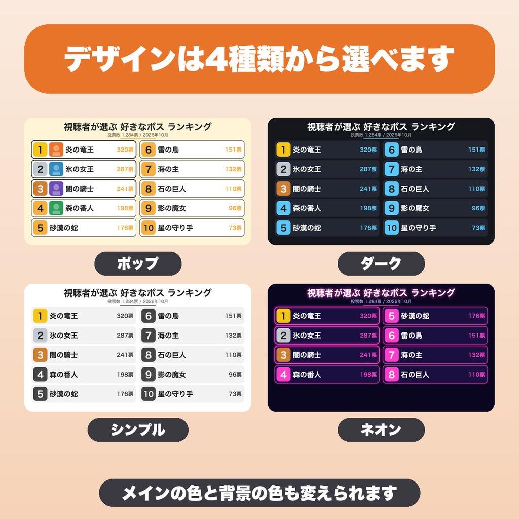 ランキング発表カード画像メーカー|10位まで・デザイン4種・画像つきで順位カードをPNG保存(配信・ゲーム企画向け)【無料版あり】