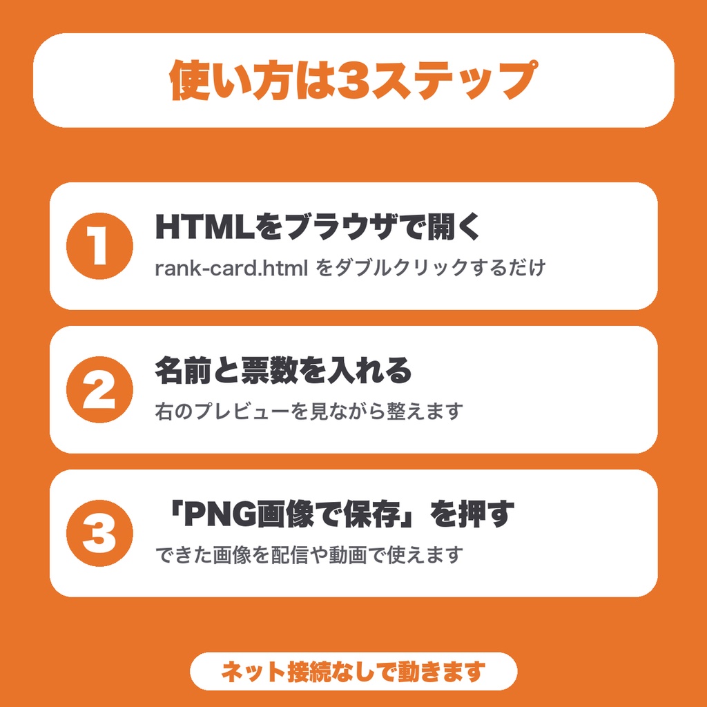 【無料】ランキング発表カード画像メーカー|視聴者投票・おすすめの結果を順位カードにしてPNG保存(配信・ゲーム企画向け)