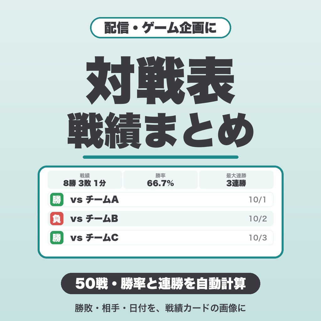 対戦表・戦績まとめ画像メーカー｜50戦まで・勝率と連勝を自動計算・デザイン4種で戦績カードをPNG保存（配信・ゲーム企画向け）【無料版あり】