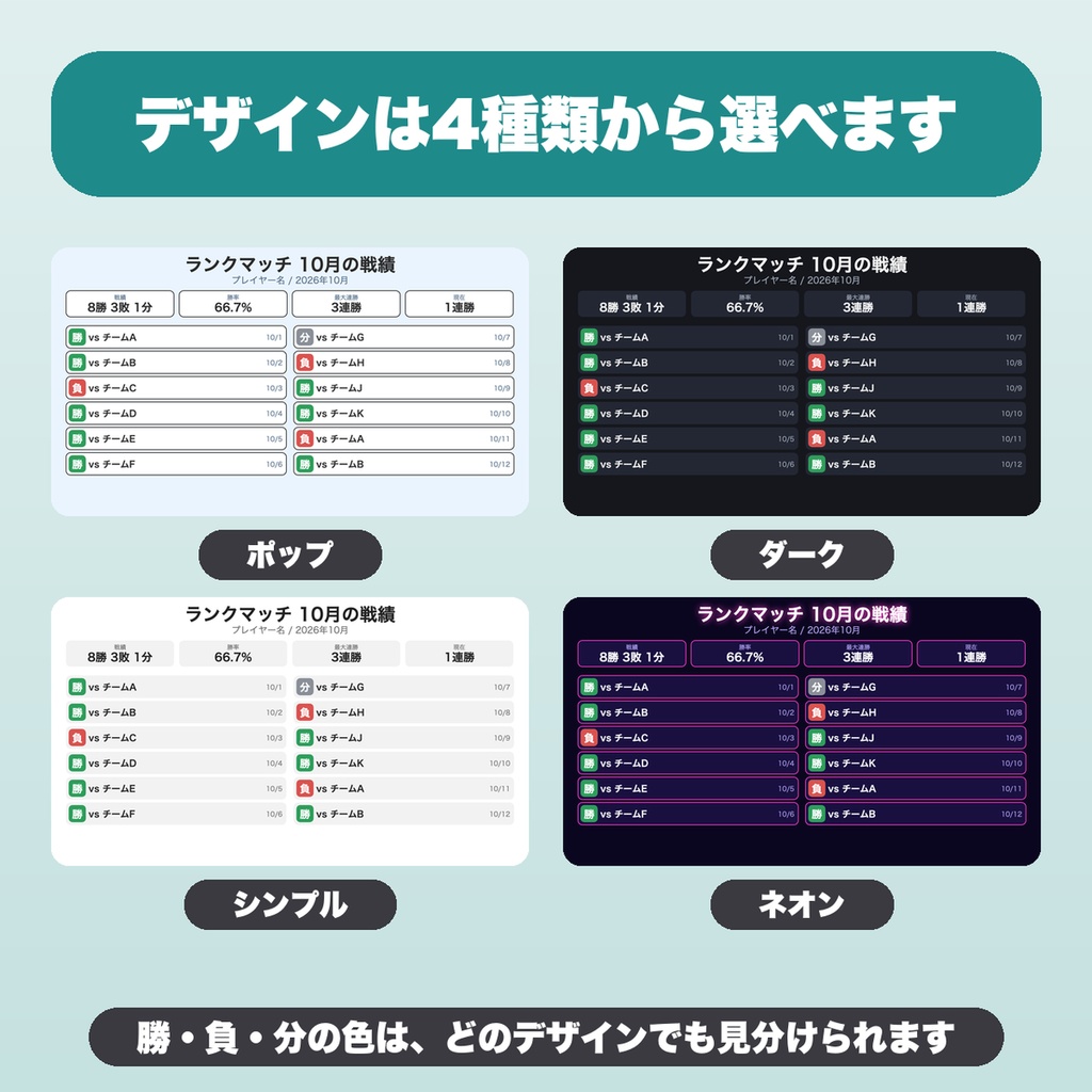 対戦表・戦績まとめ画像メーカー|50戦まで・勝率と連勝を自動計算・デザイン4種で戦績カードをPNG保存(配信・ゲーム企画向け)【無料版あり】